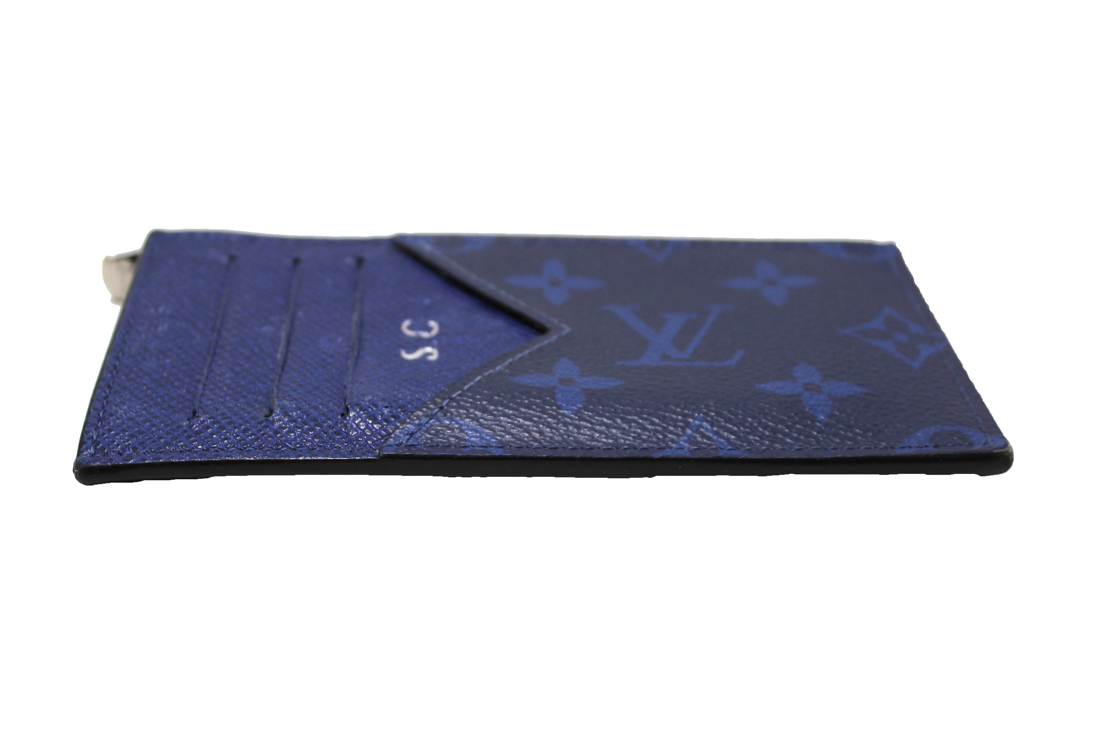 Authentic Louis Vuitton Blue Monogram Canvas/Taiga Leather Coin Card Holder