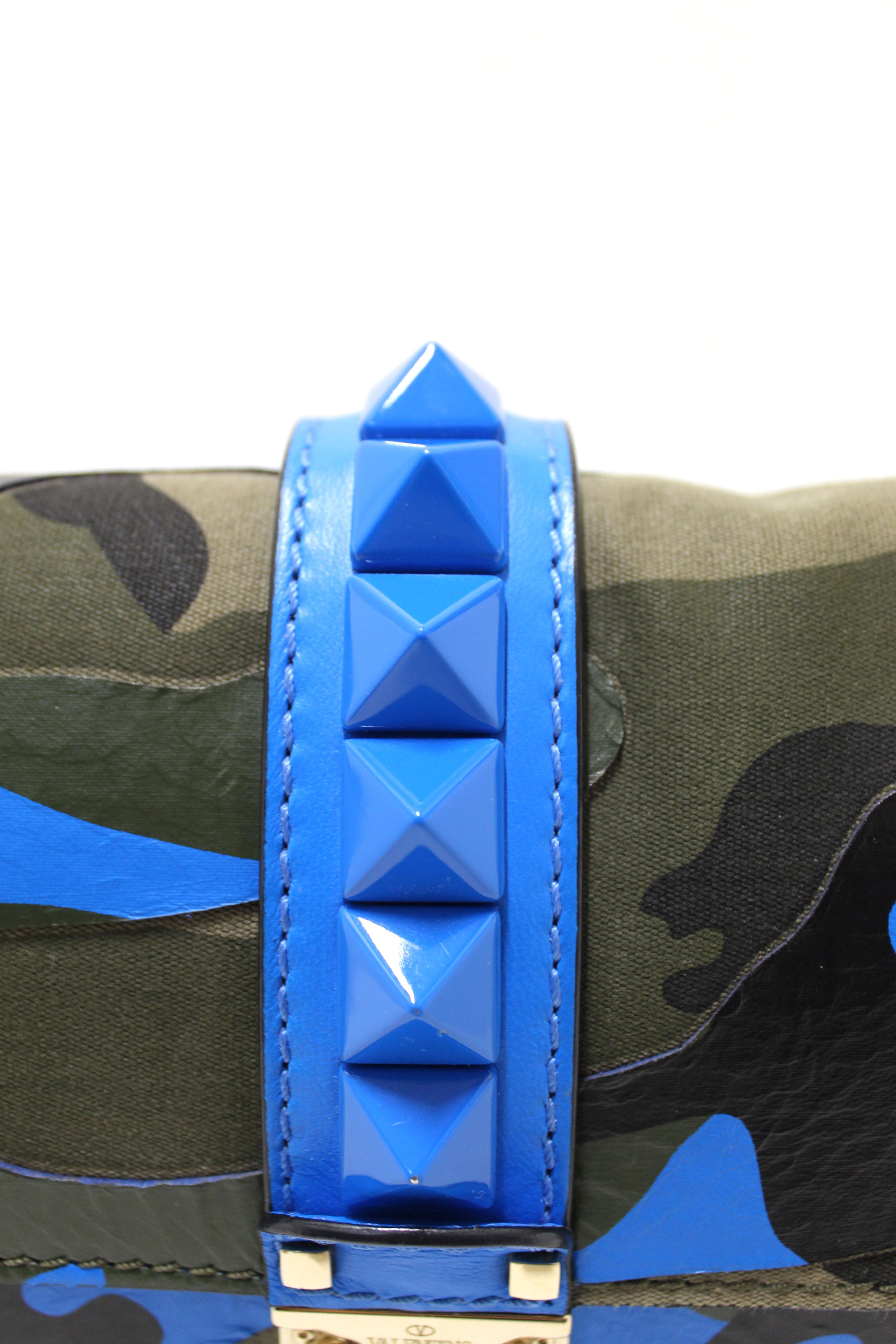 Authentic Valentino Garavani Blue Nappa Canvas Camouflage Medium Glam Lock Rockstud Flap