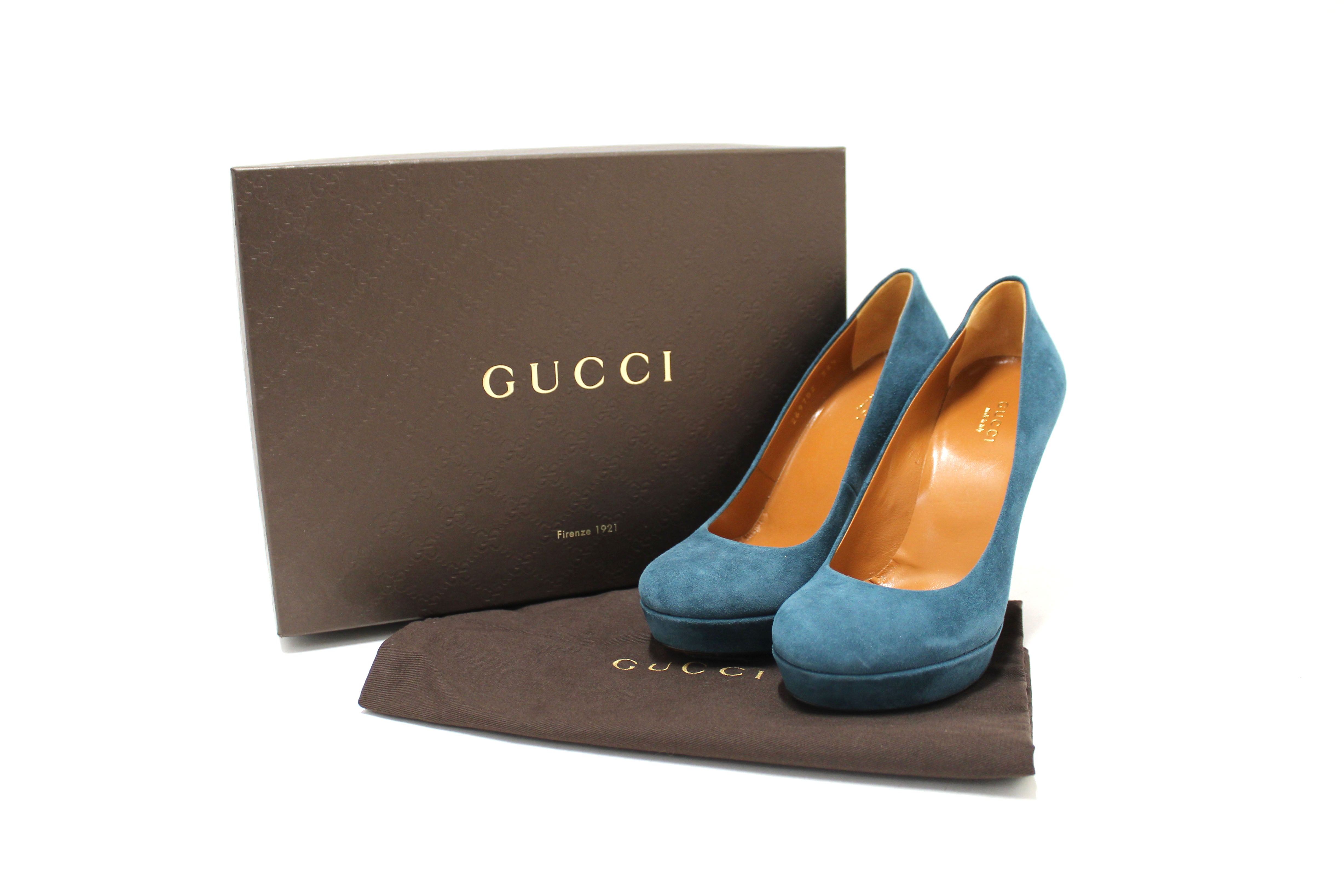 Authentic Gucci Blue Suede Leather Platform Pump Shoes Size 36.5