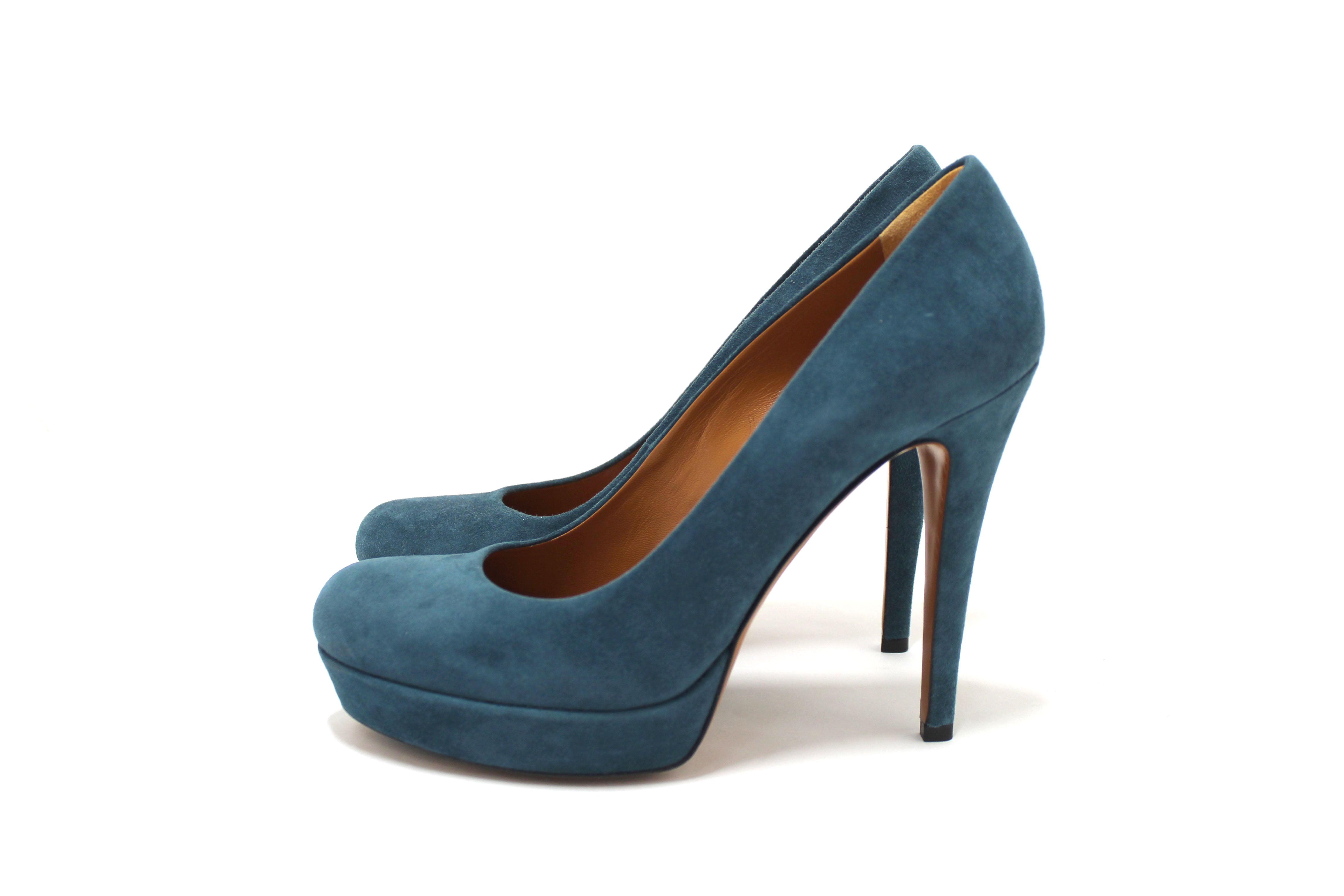 Authentic Gucci Blue Suede Leather Platform Pump Shoes Size 36.5