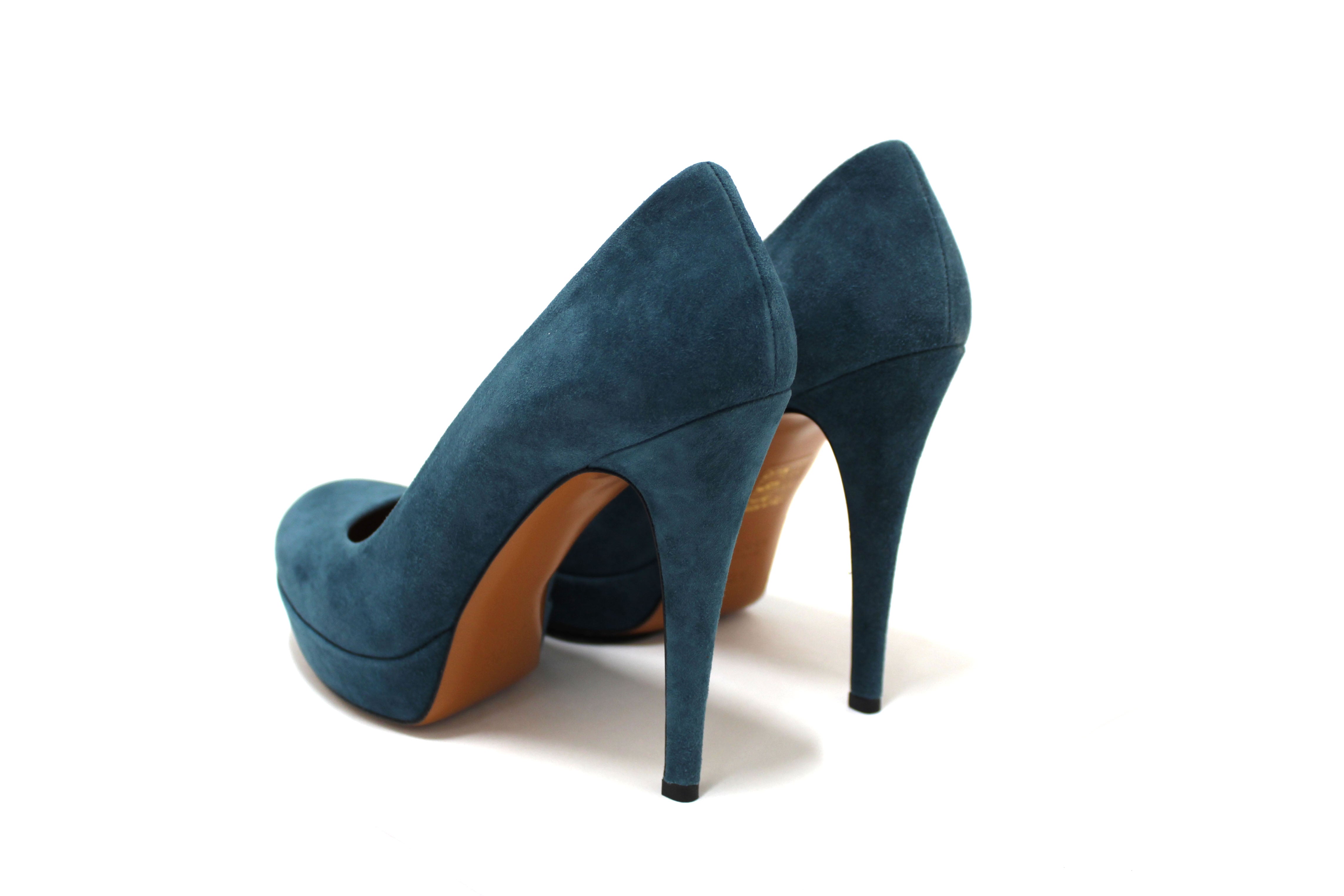 Authentic Gucci Blue Suede Leather Platform Pump Shoes Size 36.5