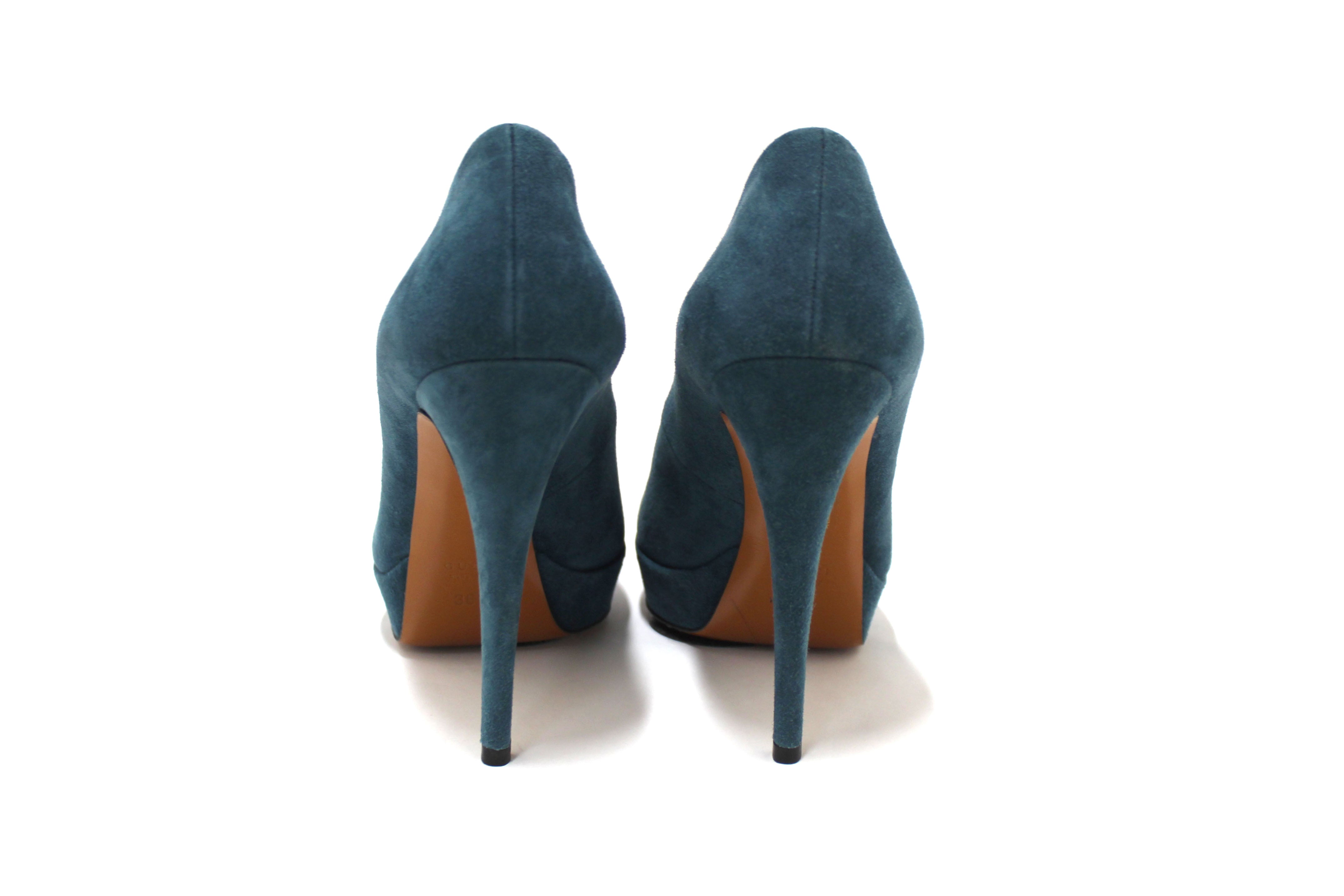Authentic Gucci Blue Suede Leather Platform Pump Shoes Size 36.5