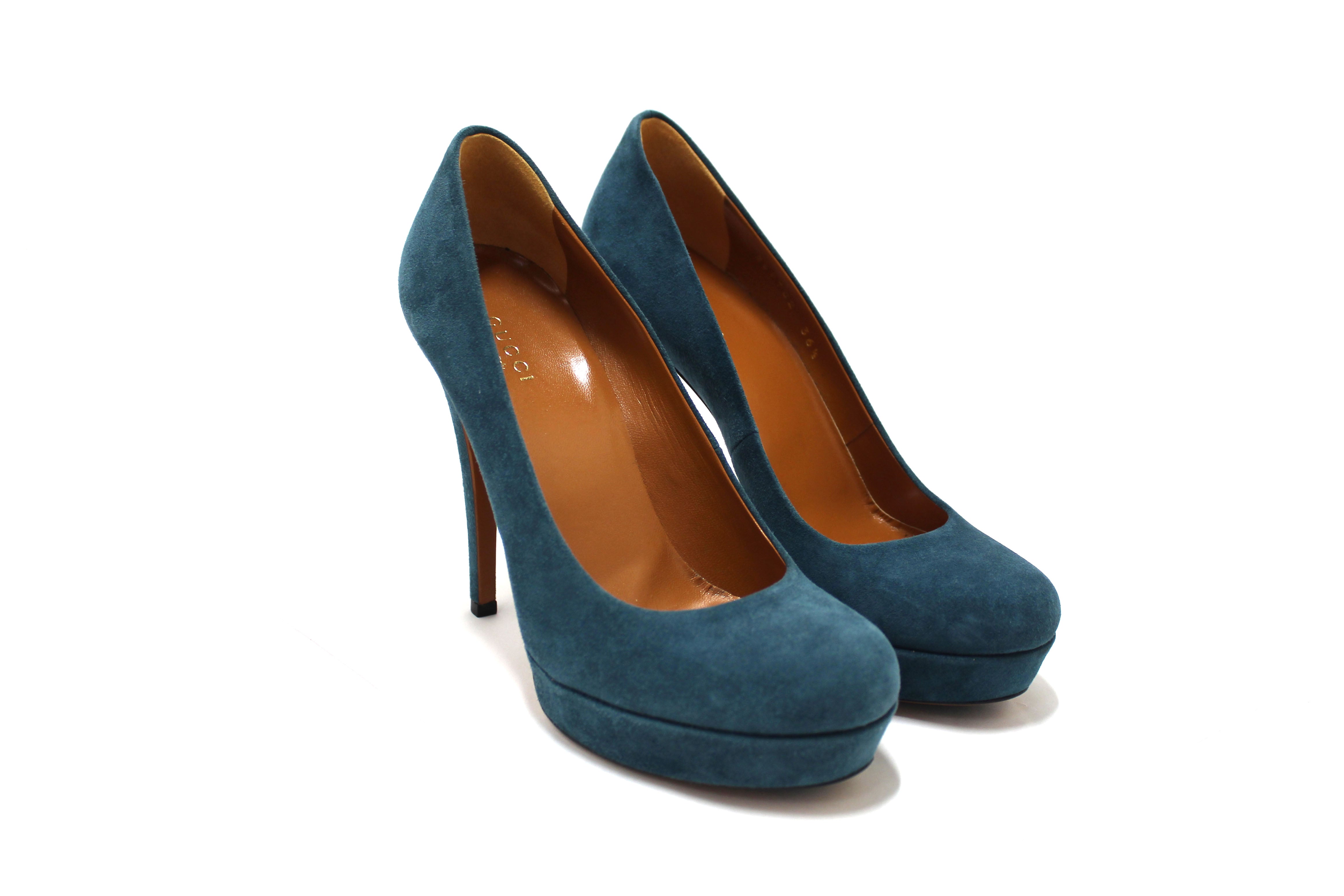Authentic Gucci Blue Suede Leather Platform Pump Shoes Size 36.5