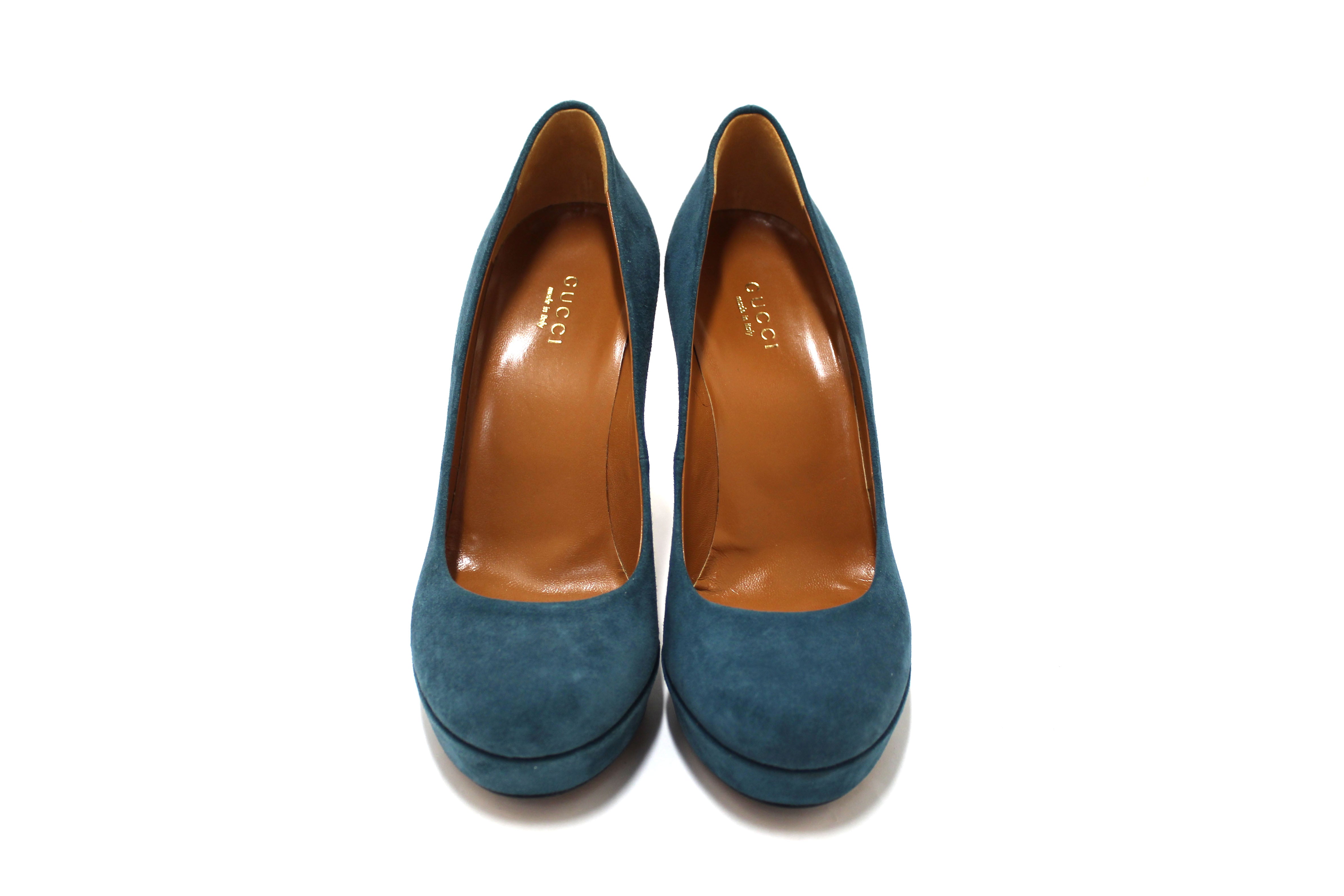 Authentic Gucci Blue Suede Leather Platform Pump Shoes Size 36.5