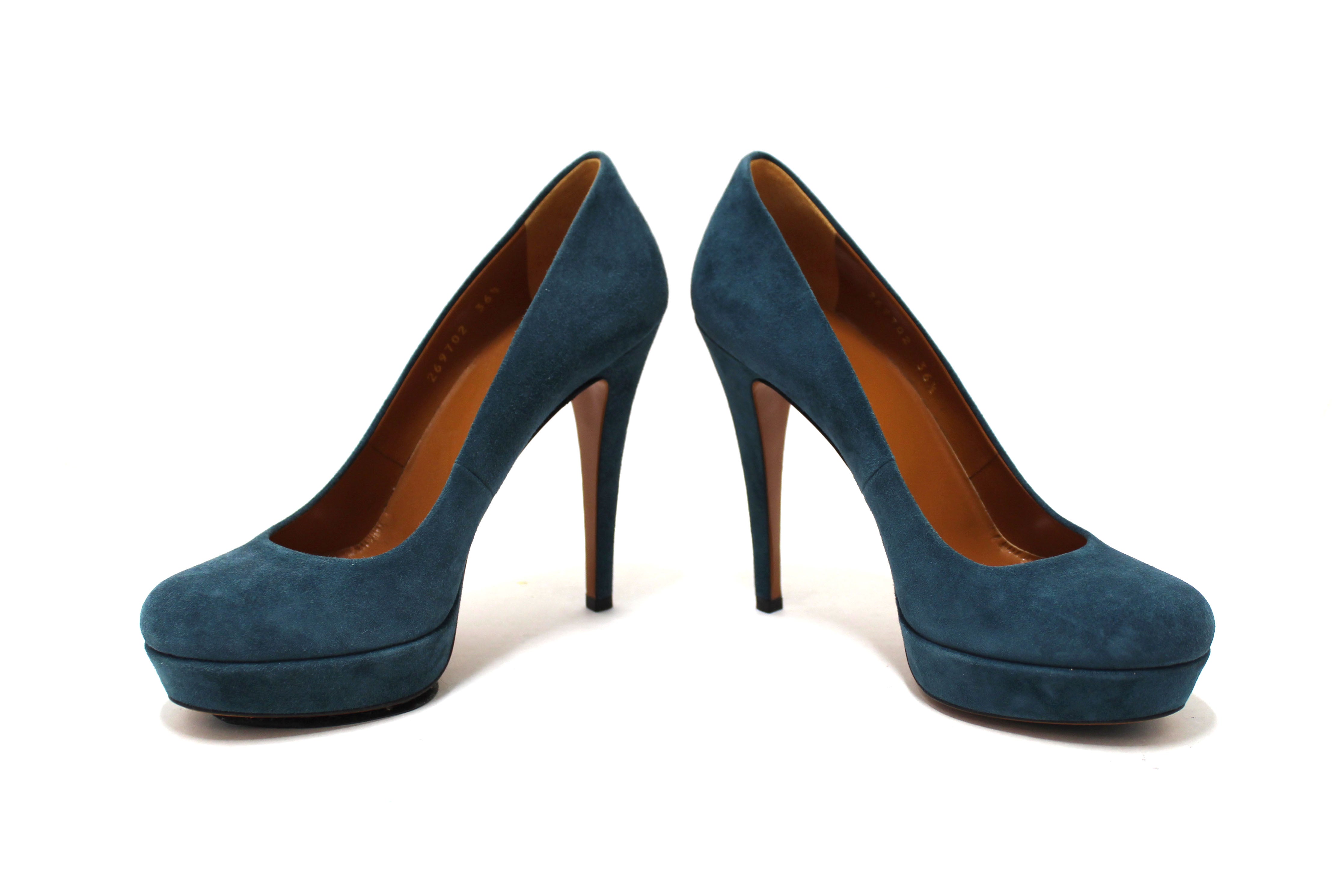 Authentic Gucci Blue Suede Leather Platform Pump Shoes Size 36.5