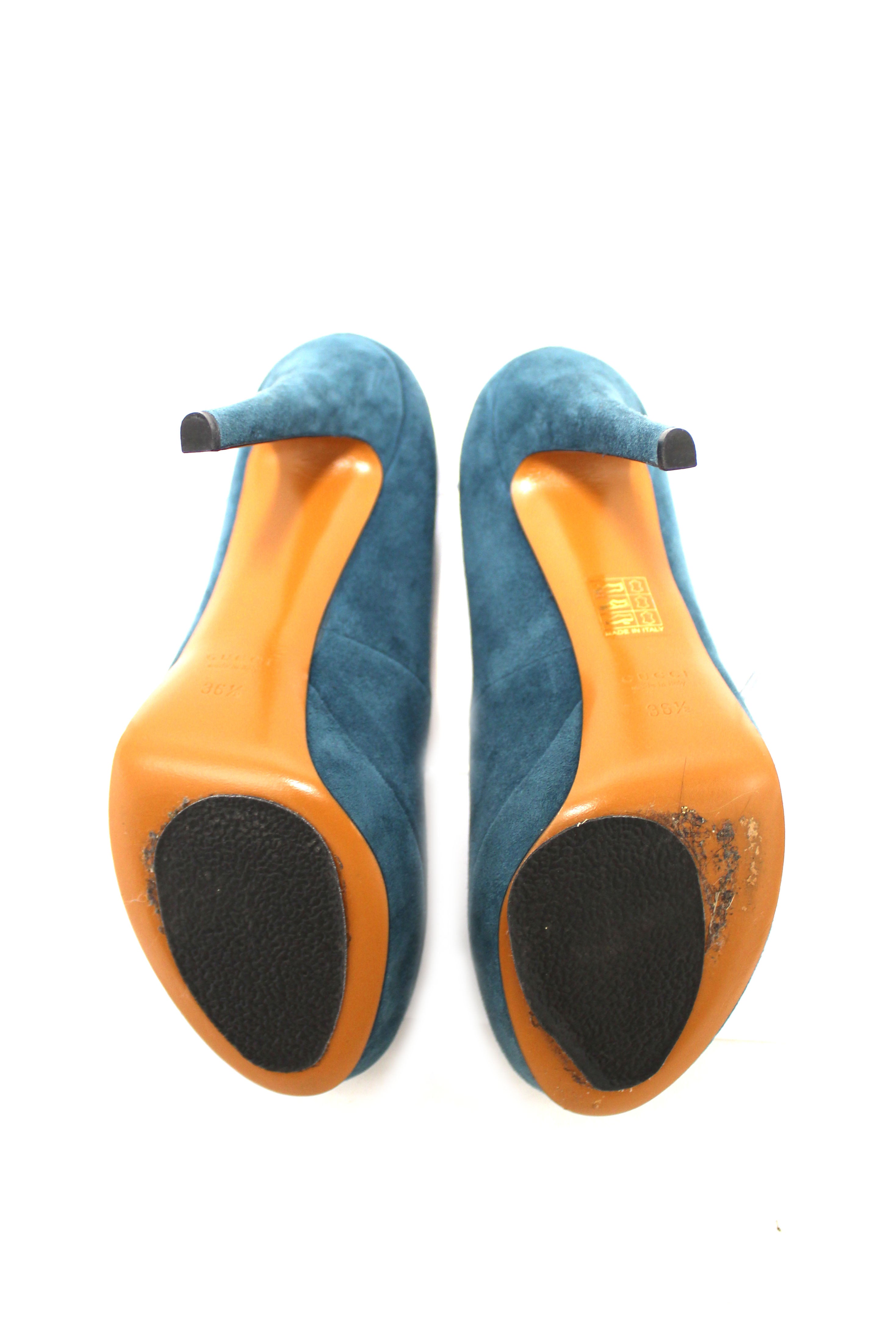 Authentic Gucci Blue Suede Leather Platform Pump Shoes Size 36.5
