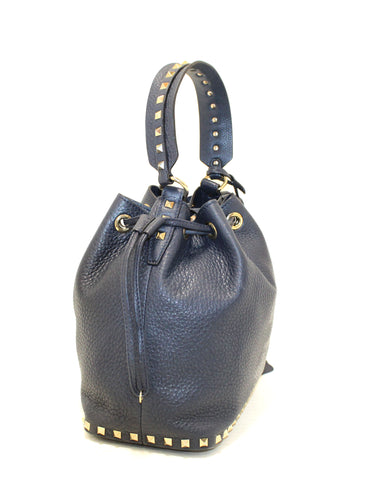 Authentic Valentino Garavani Navy Blue Rockstud Small Bucket Bag