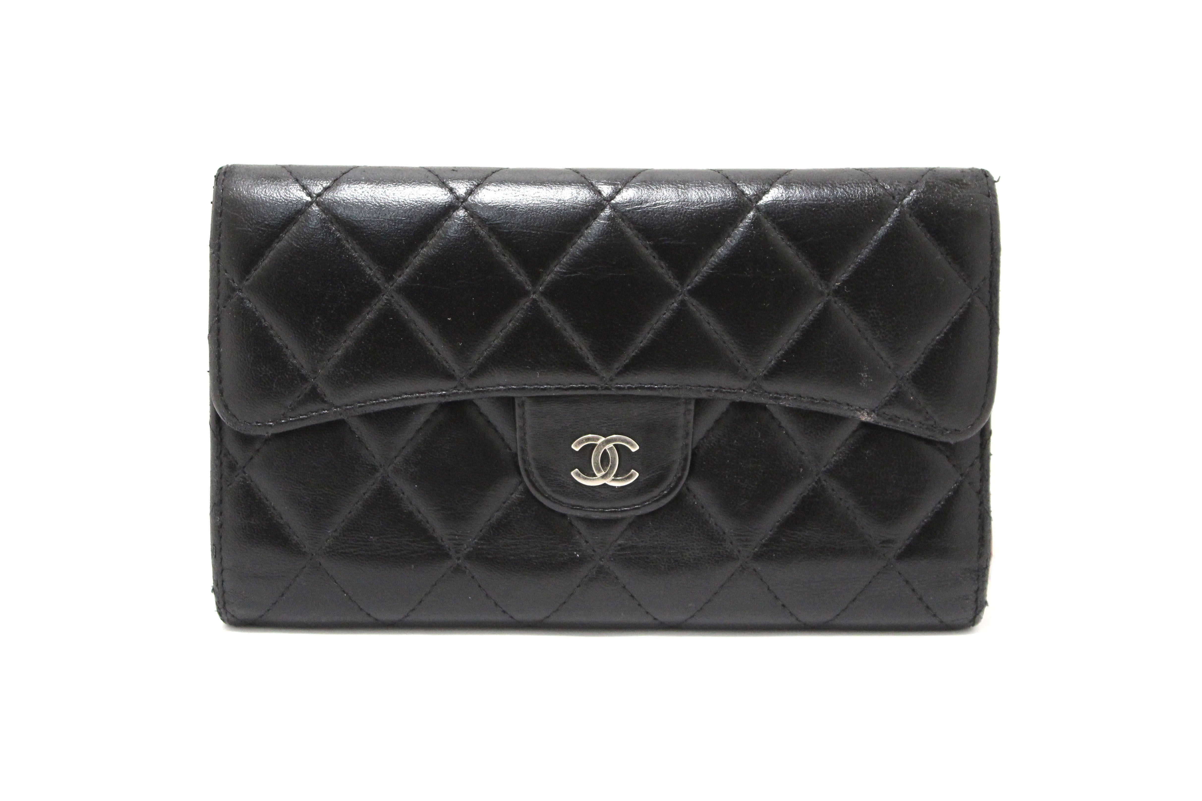Authentic Chanel Black Quilted Lambskin Leather Trifold Flap Wallet