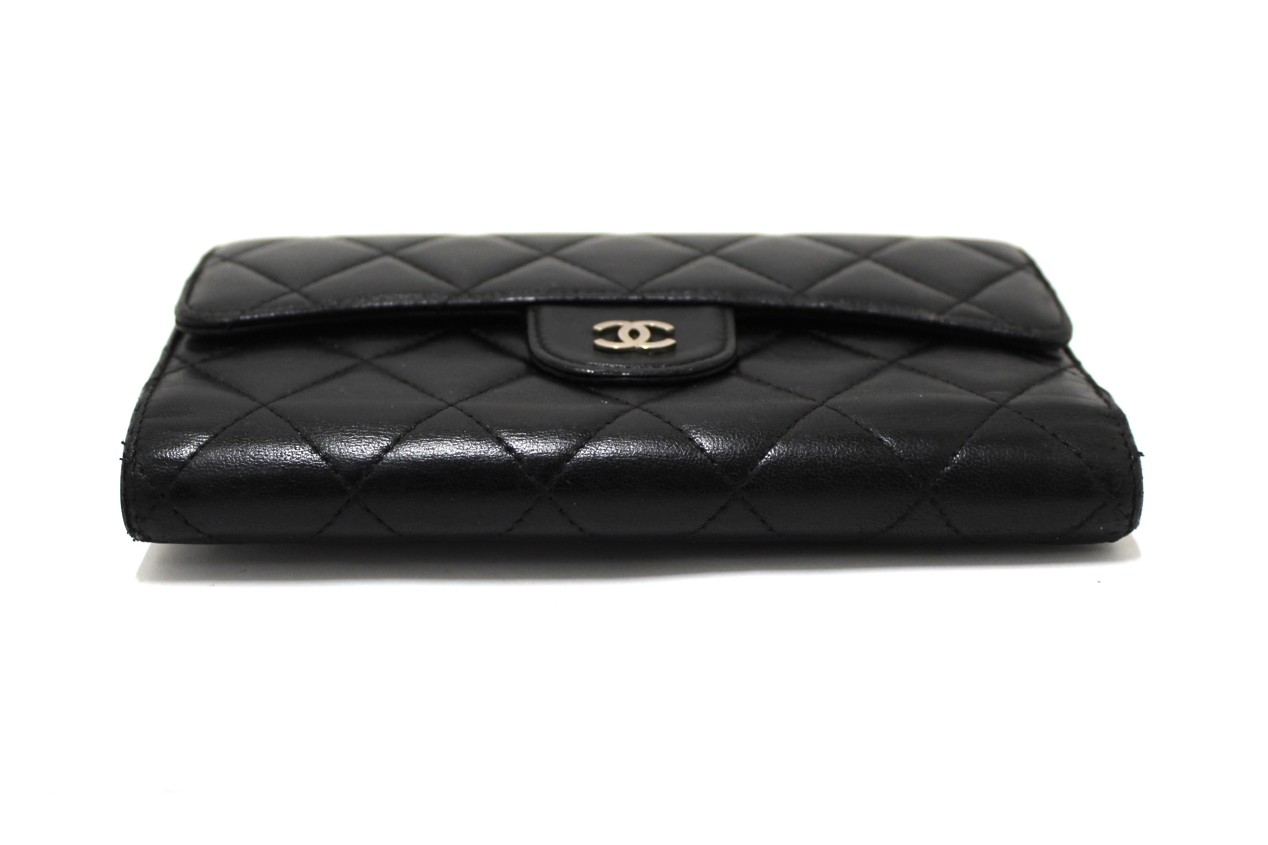 Authentic Chanel Black Quilted Lambskin Leather Trifold Flap Wallet