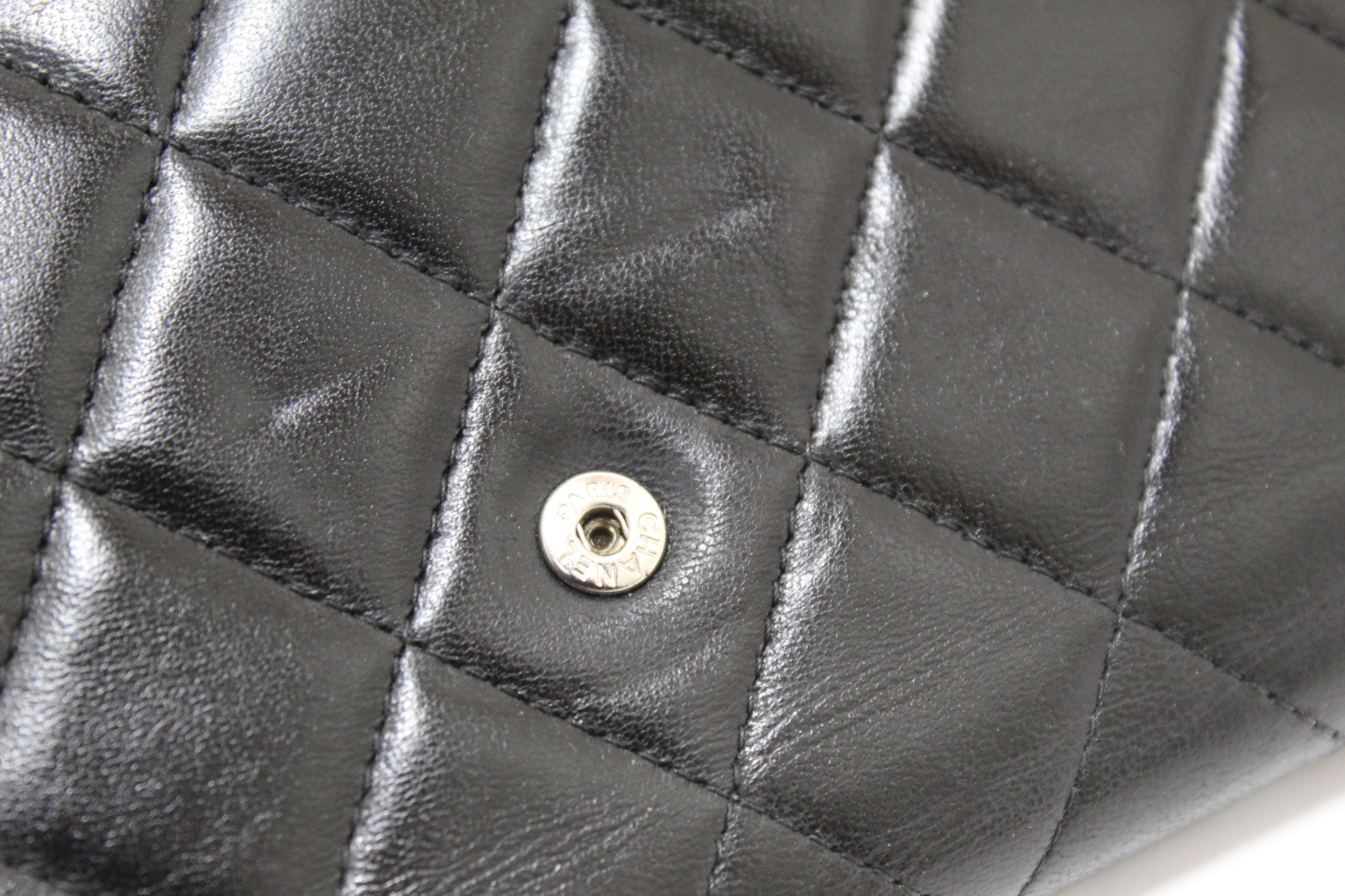 Authentic Chanel Black Quilted Lambskin Leather Trifold Flap Wallet