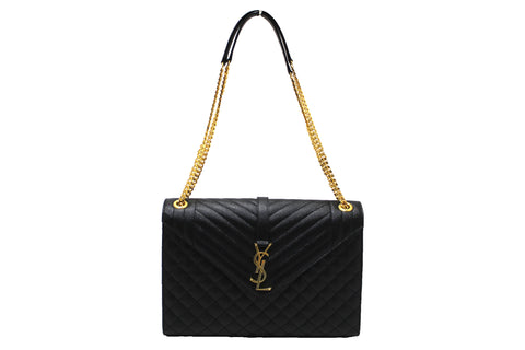Authentic Saint Laurent Black Matelasse Grain De Poudre Embossed Leather Large Envelope Bag