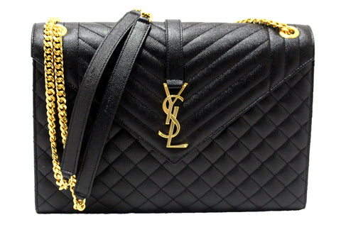 Authentic Saint Laurent Black Matelasse Grain De Poudre Embossed Leather Large Envelope Bag