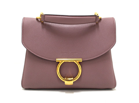 Authentic Salvatore Ferragamo Purple Pebbled Calf Leather Margot Small Top Handle Satchel Bag