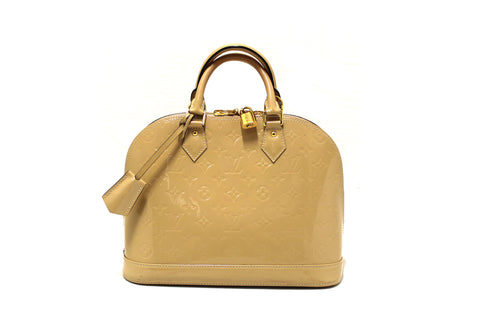 Authentic Louis Vuitton Yellow Monogram Vernis Leather Alma PM Handbag