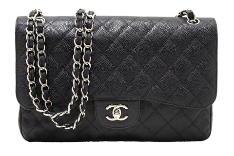 Authentic Chanel Black Quilted Caviar Leather Classic Jumbo Double Flap Bag