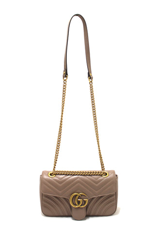 Authentic Gucci Porcelain Rose Marmont Matelassé Chevron Leather Shoulder Bag