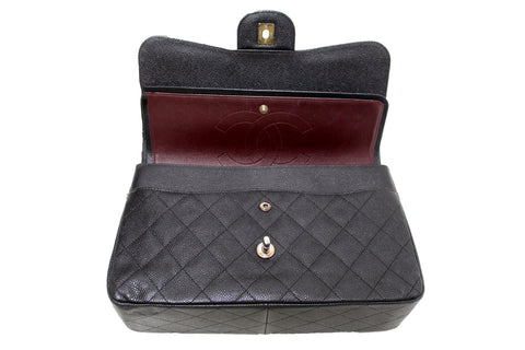 Authentic Chanel Black Quilted Caviar Leather Classic Jumbo Double Flap Bag