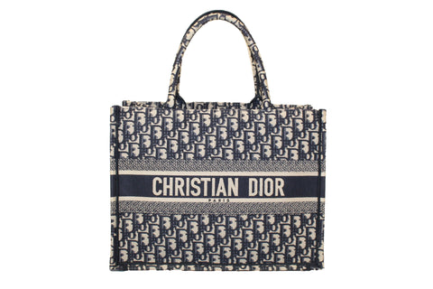 Authentic Christian Dior Ecru and Blue Dior Oblique Embroidery Medium Dior Book Tote