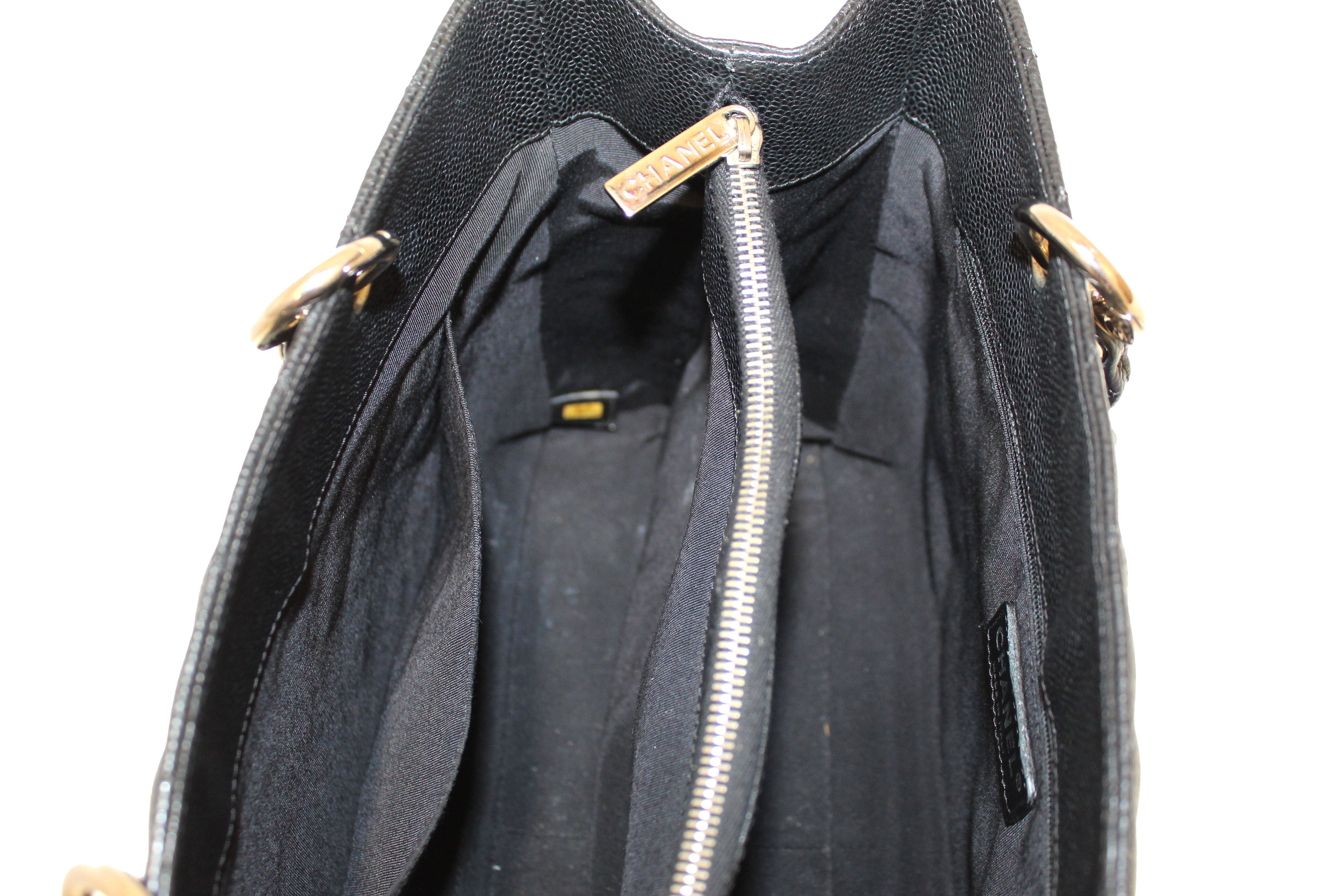 Authentic Chanel Black Quilted Caviar Leather Grand Shopper Tote Shoulder Bag