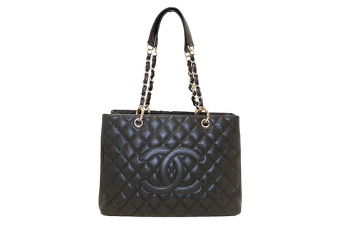 Authentic Chanel Black Quilted Caviar Leather Grand Shopper Tote Shoulder Bag