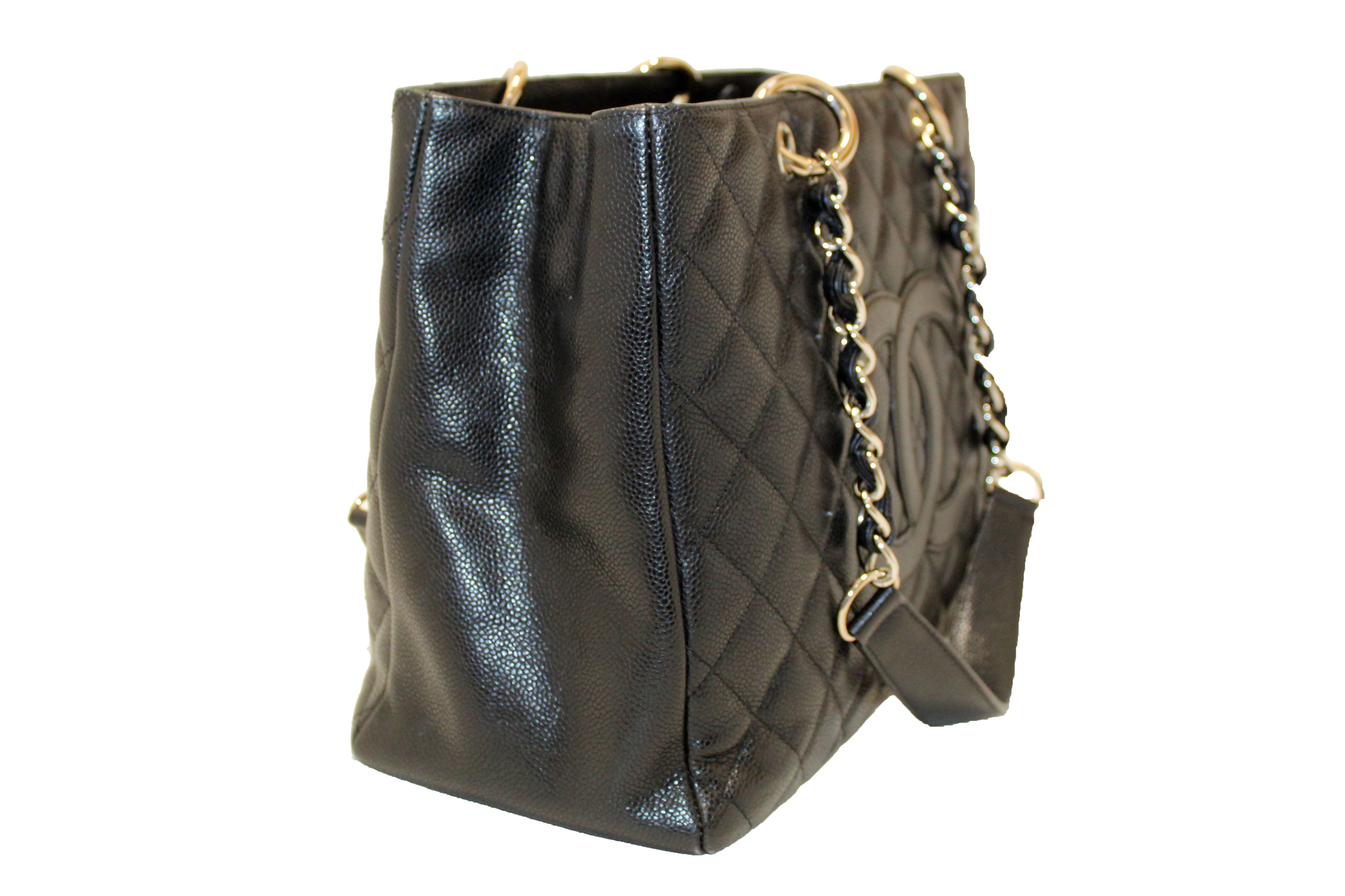 Authentic Chanel Black Quilted Caviar Leather Grand Shopper Tote Shoulder Bag