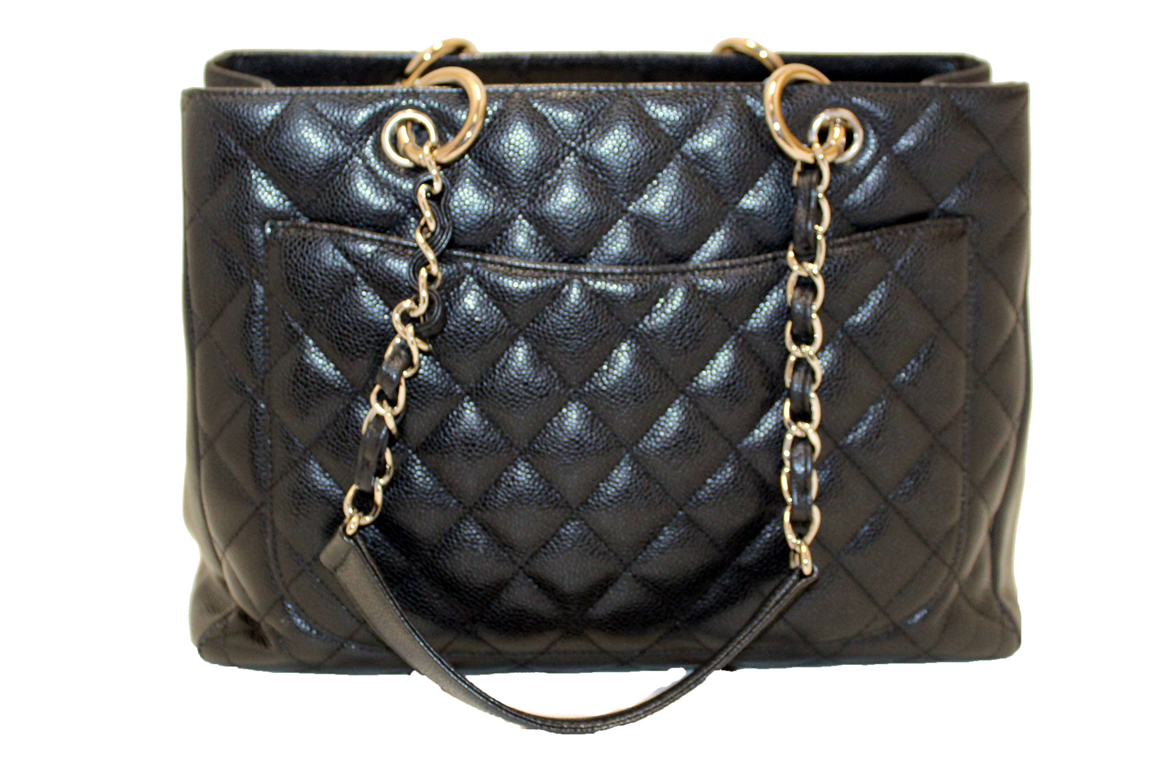 Authentic Chanel Black Quilted Caviar Leather Grand Shopper Tote Shoulder Bag