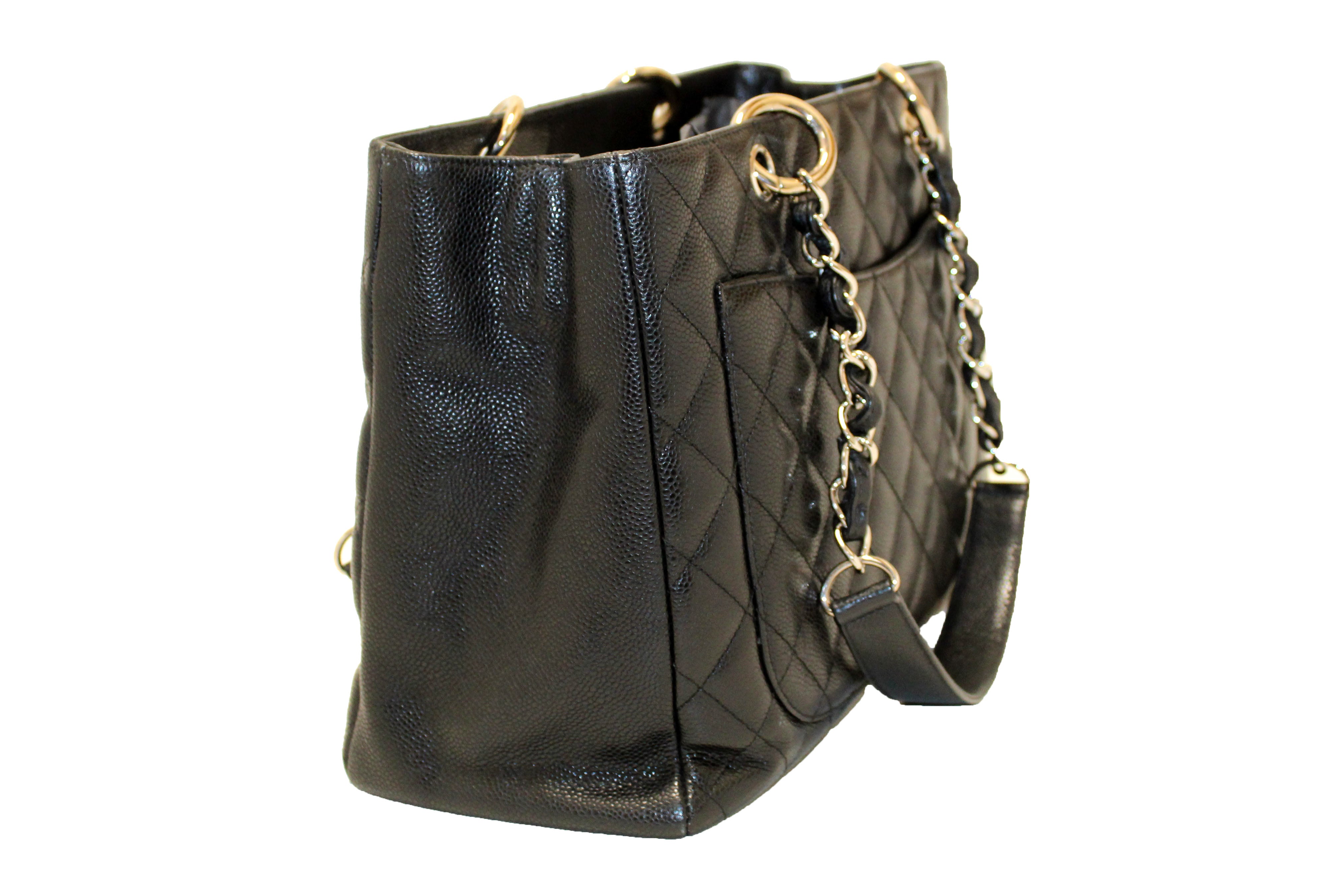 Authentic Chanel Black Quilted Caviar Leather Grand Shopper Tote Shoulder Bag