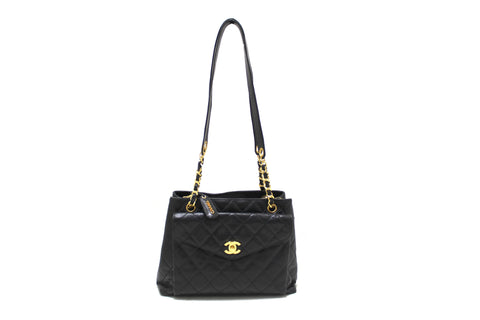Authentic Chanel Vintage Black Quilted Caviar Shoulder Tote Bag