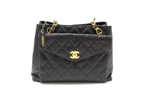 Authentic Chanel Vintage Black Quilted Caviar Shoulder Tote Bag