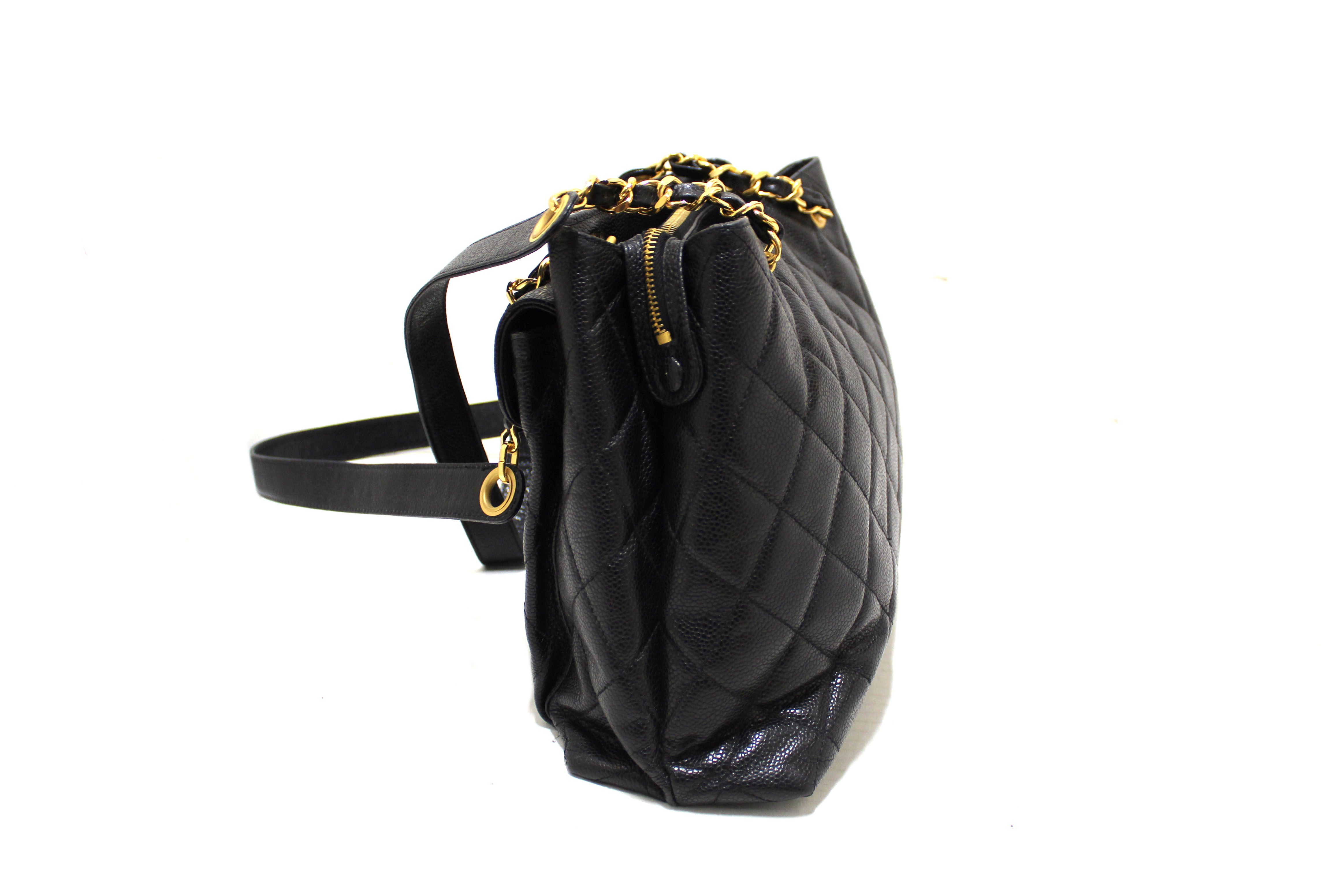 Authentic Chanel Vintage Black Quilted Caviar Shoulder Tote Bag