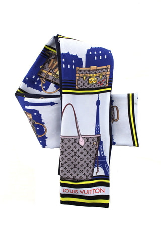 Authentic Louis Vuitton Blue Silk Monogram Skyline Bandeau Scarf