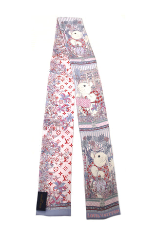 Authentic Louis Vuitton Pink White Mouse Printed Vuittonite Bandeau Twilly Scarf