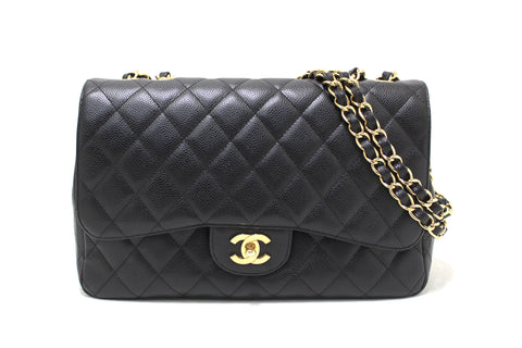 Authentic Chanel Black Quilted Caviar Leather Classic Jumbo Single Flap Bag