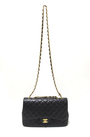 Authentic Chanel Black Quilted Caviar Leather Classic Jumbo Single Flap Bag