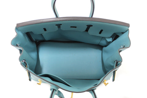 Authentic Hermes Swift Bleu Atoll Vache Leather Birkin 25 Handbag