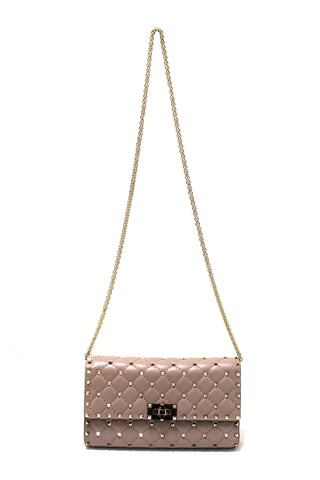 Authentic Valentino Garavani Poudre Quilted Nappa Leather Rockstud Spike Crossbody Clutch Bag
