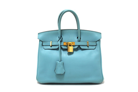 Authentic Hermes Swift Bleu Atoll Vache Leather Birkin 25 Handbag