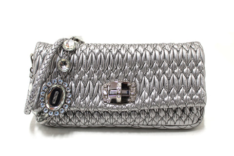 Authentic Miu Miu Iconic Crystal Silver Cloqué Nappa Leather Bag