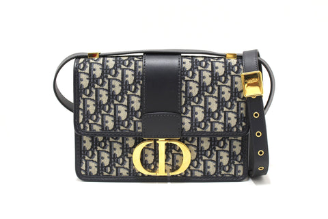 Christian Dior Ecru and Blue Dior Oblique Embroidery Montaigne 30 Shoulder Crossbody Bag