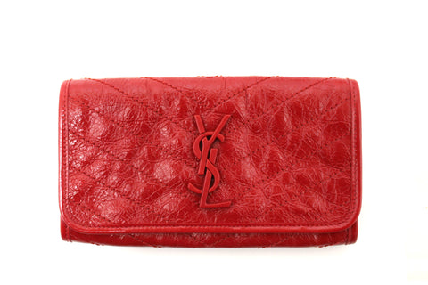 Authentic Saint Laurent Red Crinkled Calfskin Matelasse Niki Long Wallet