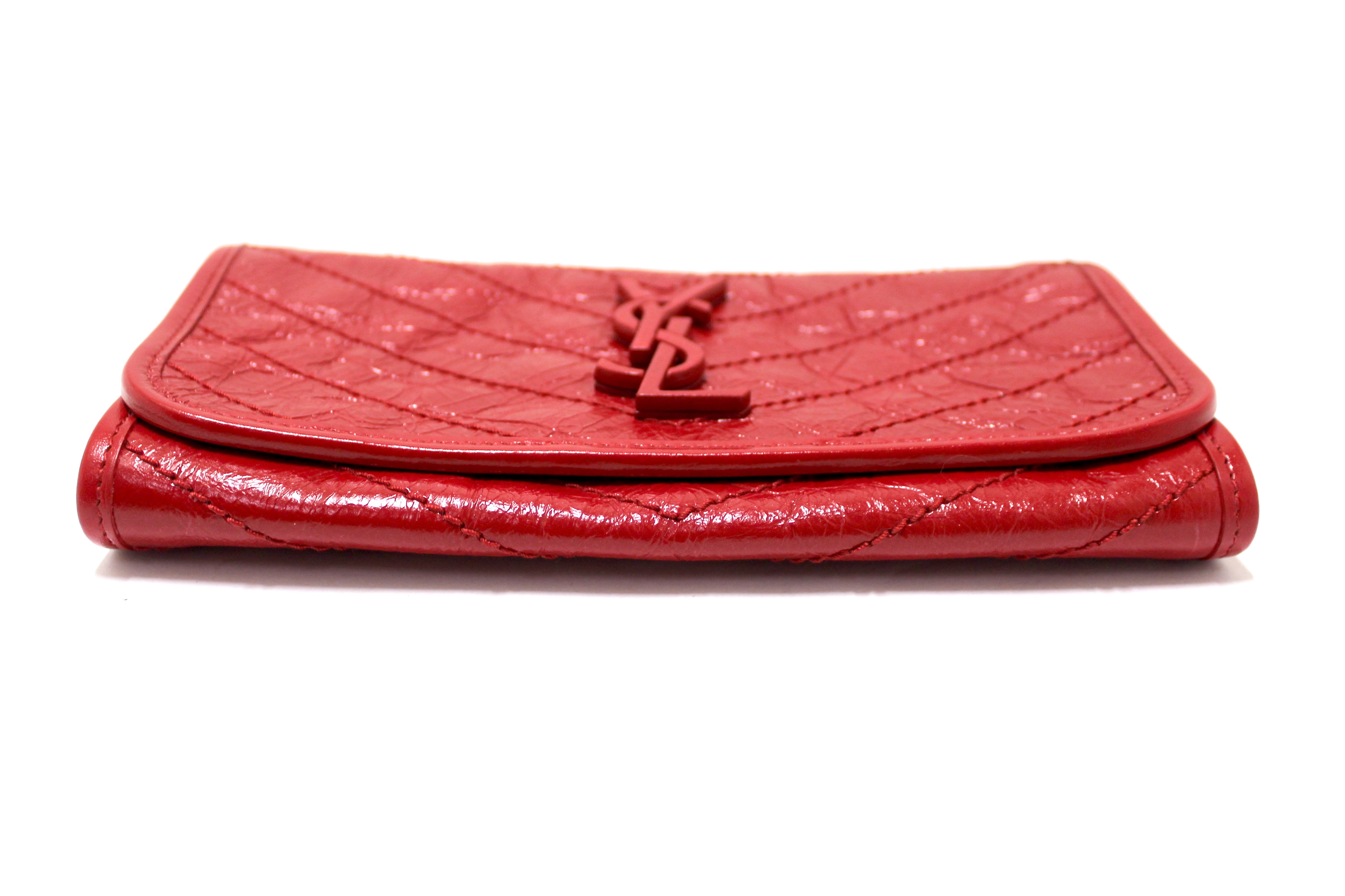 Authentic Saint Laurent Red Crinkled Calfskin Matelasse Niki Long Wallet