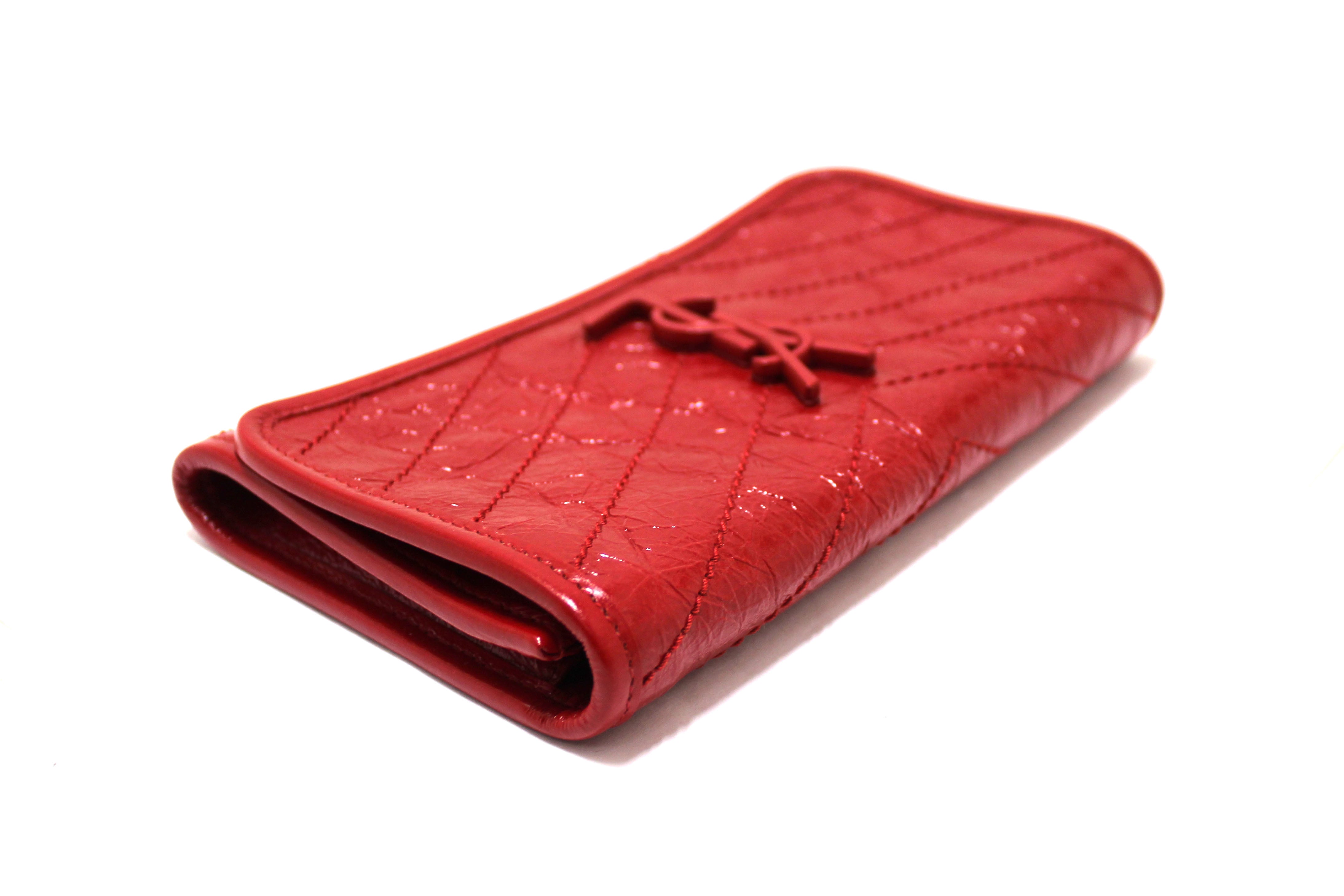 Authentic Saint Laurent Red Crinkled Calfskin Matelasse Niki Long Wallet