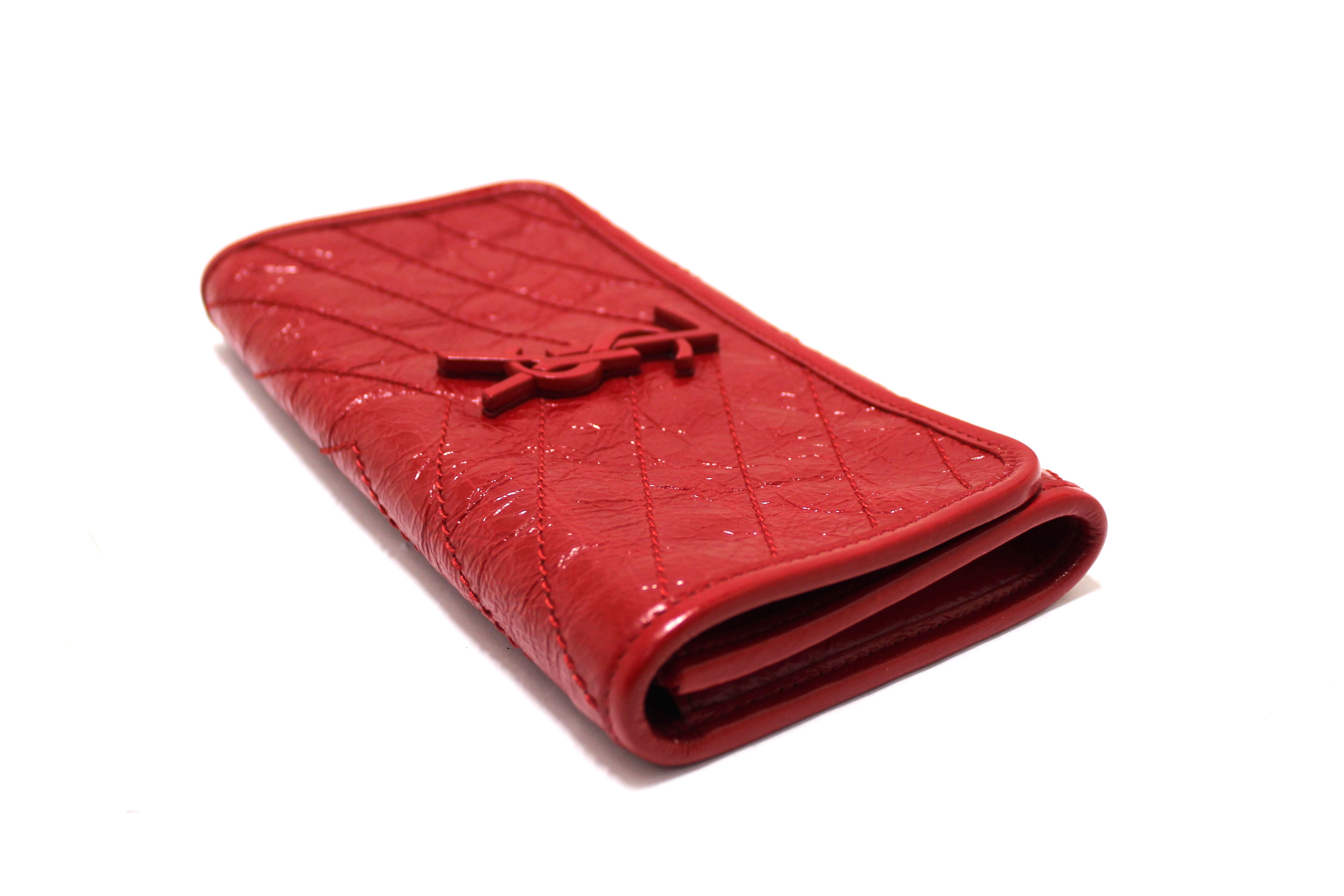 Authentic Saint Laurent Red Crinkled Calfskin Matelasse Niki Long Wallet