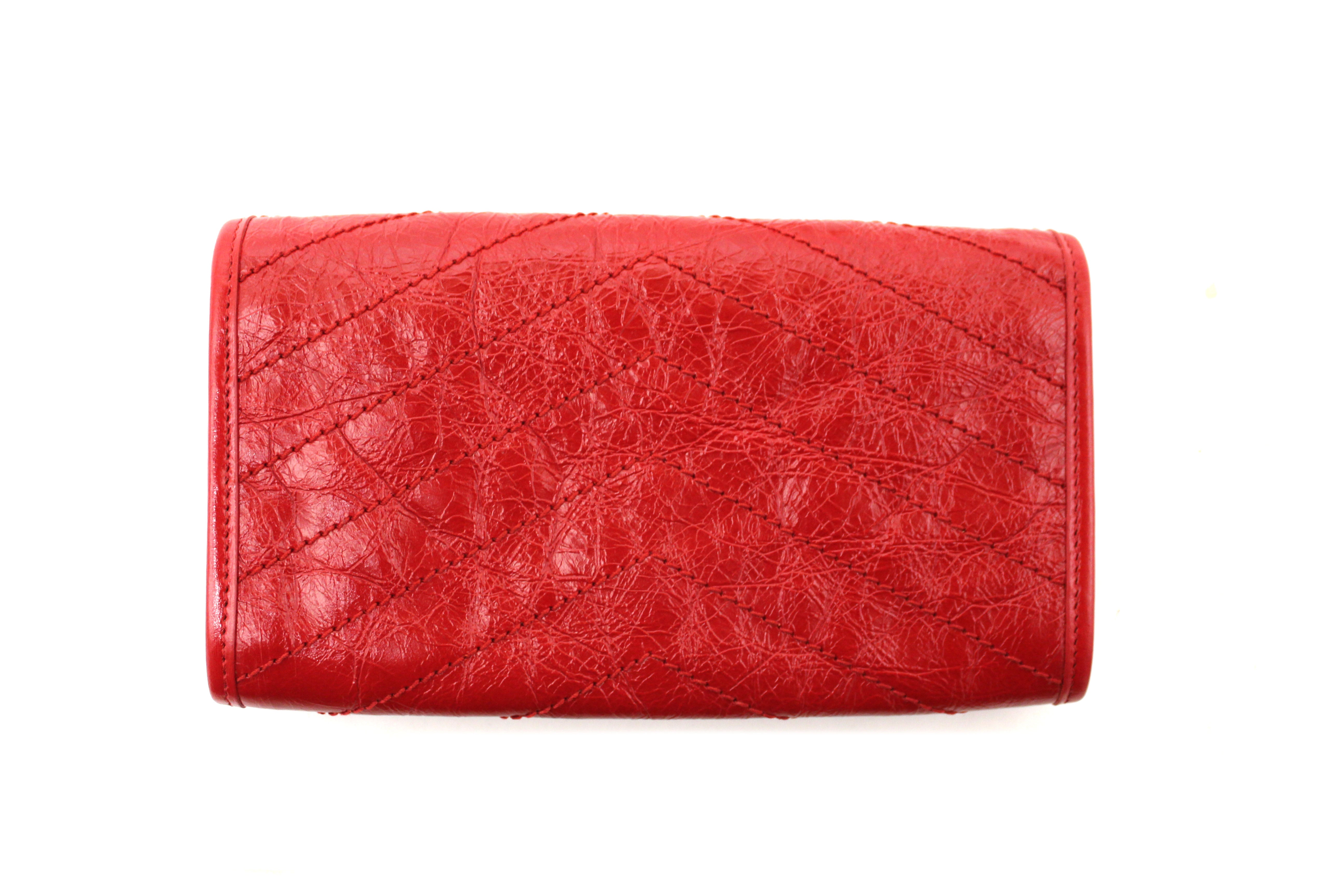 Authentic Saint Laurent Red Crinkled Calfskin Matelasse Niki Long Wallet