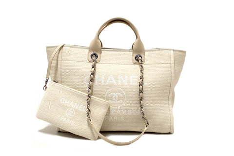 Authentic Chanel White Mixed Fibers Maxi Deauville Shopper Tote Bag