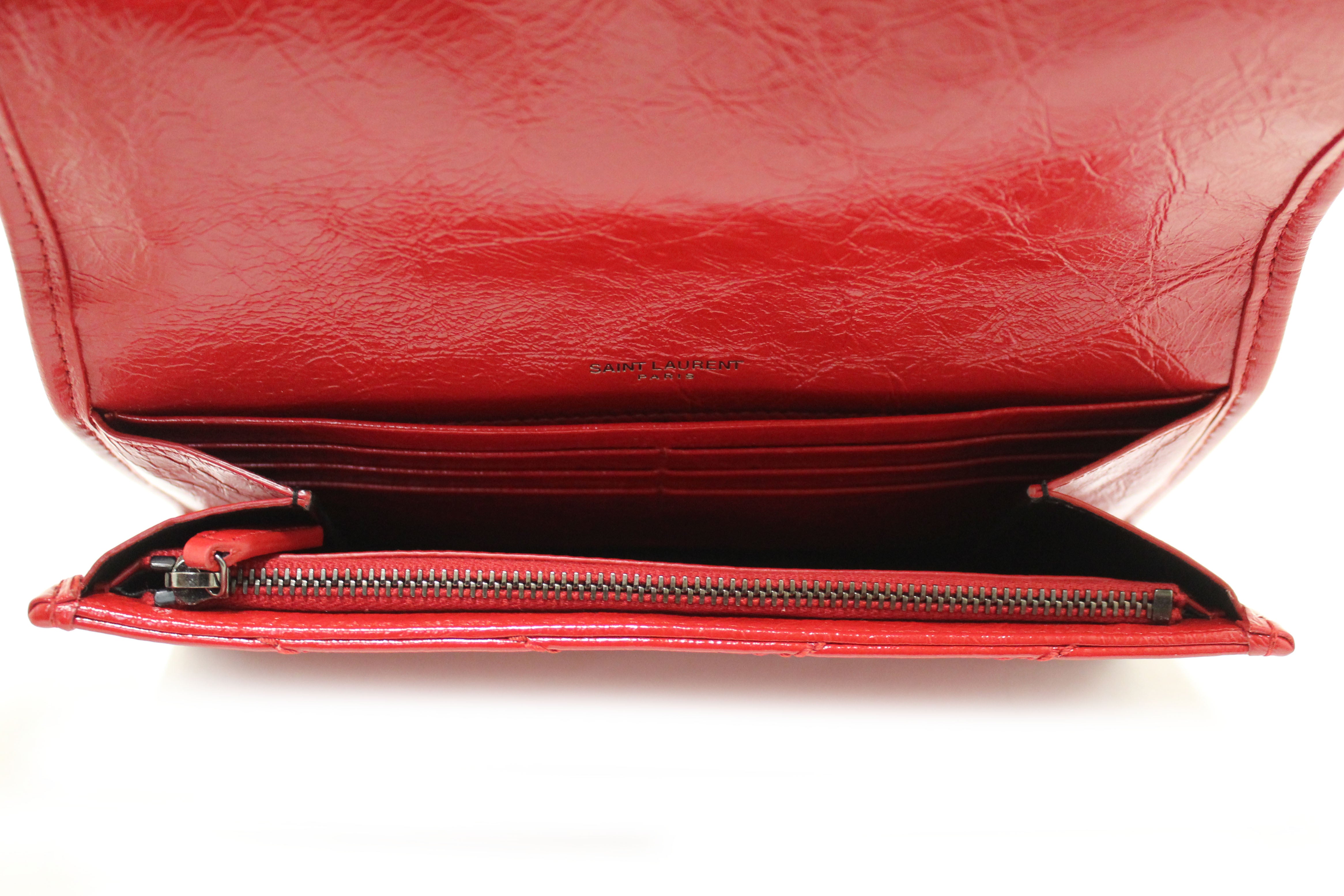 Authentic Saint Laurent Red Crinkled Calfskin Matelasse Niki Long Wallet