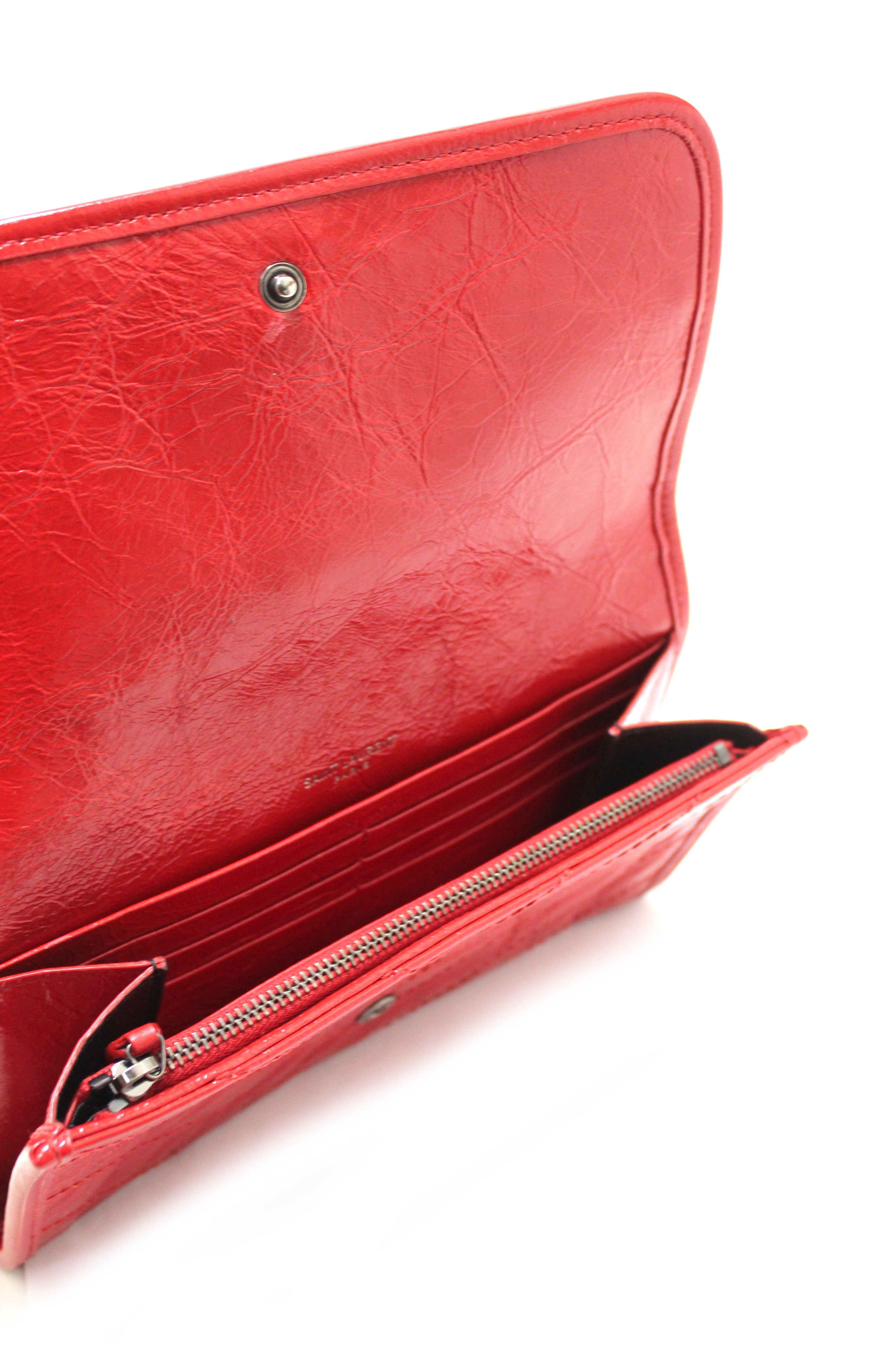 Authentic Saint Laurent Red Crinkled Calfskin Matelasse Niki Long Wallet