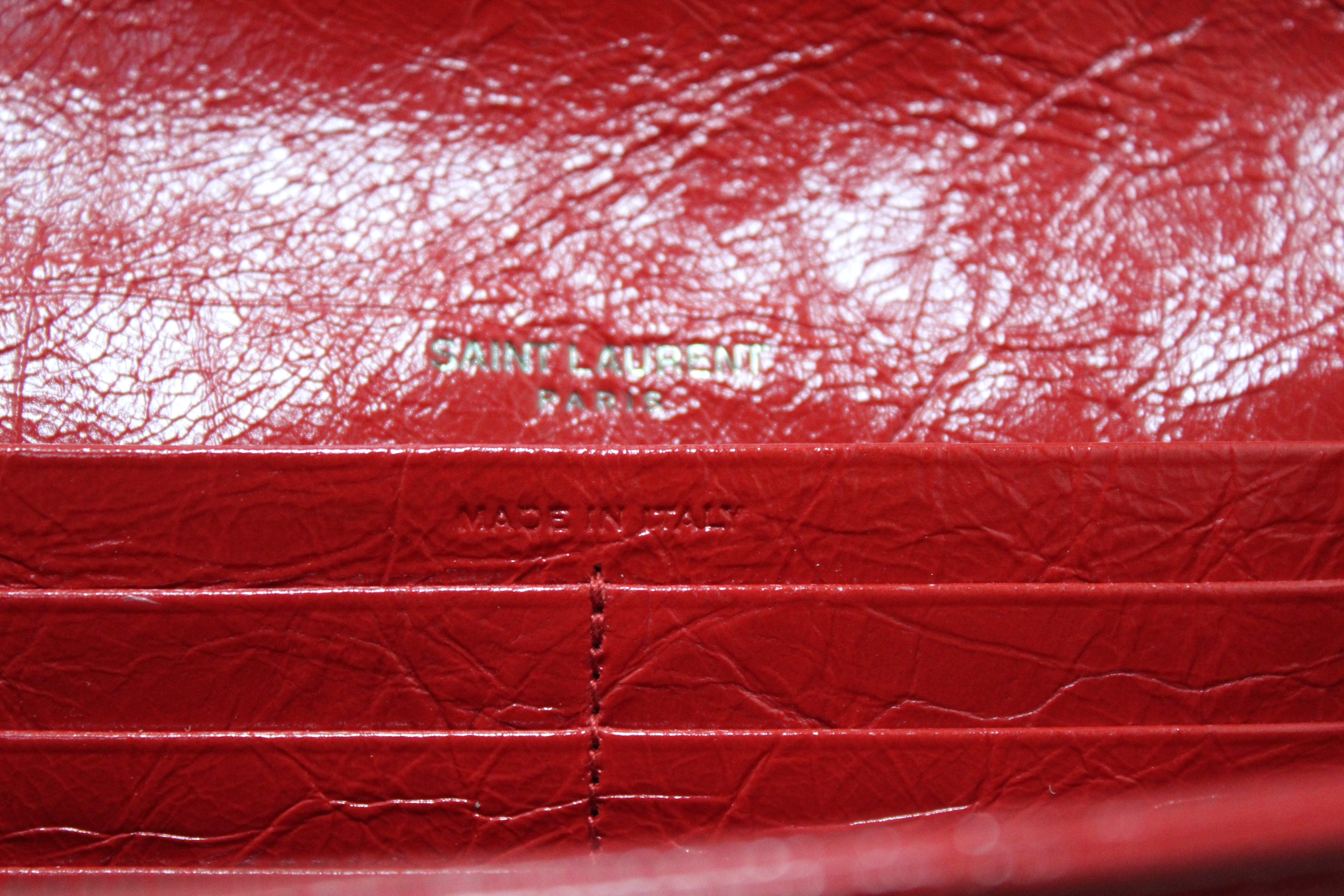 Authentic Saint Laurent Red Crinkled Calfskin Matelasse Niki Long Wallet