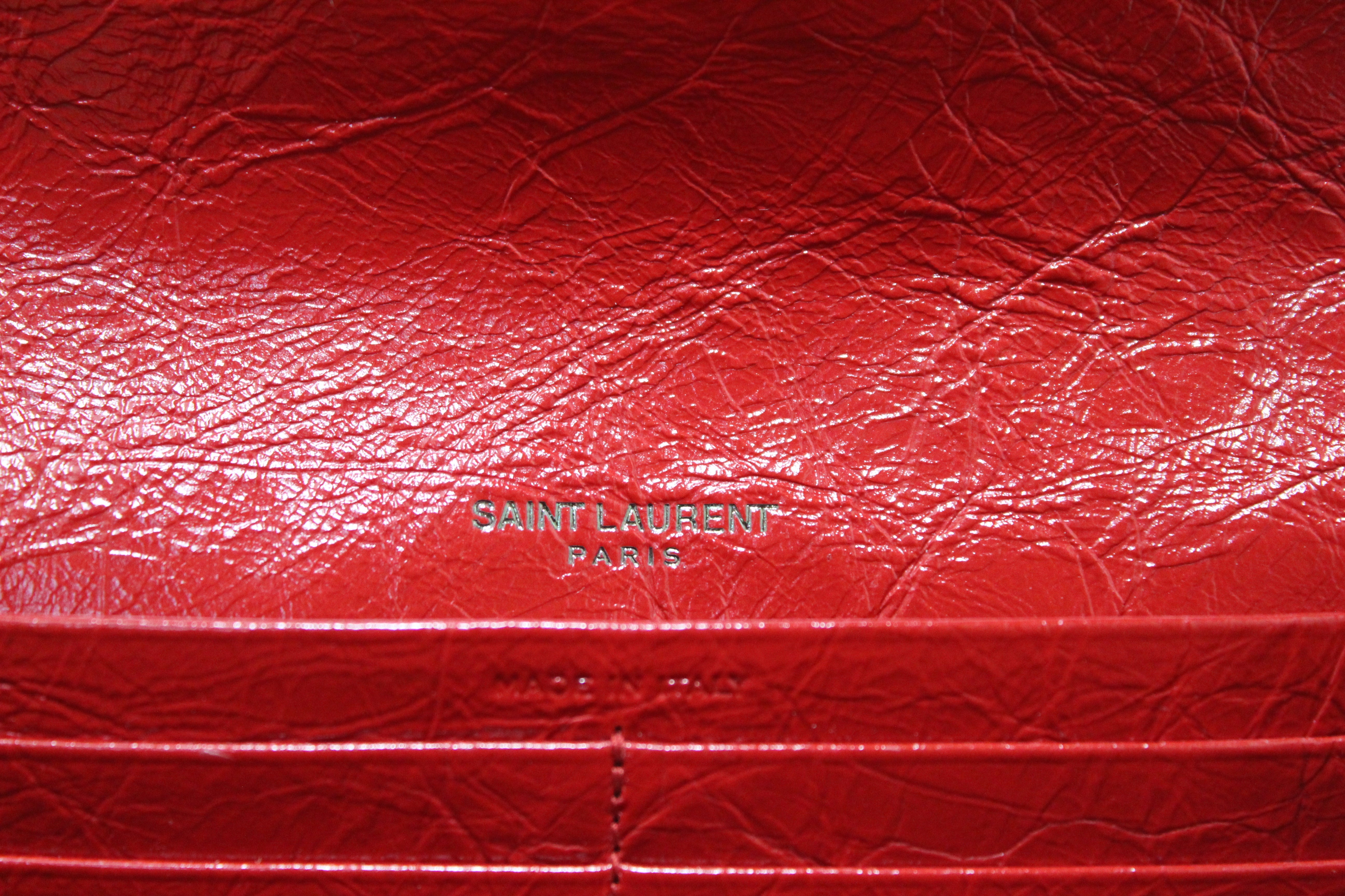 Authentic Saint Laurent Red Crinkled Calfskin Matelasse Niki Long Wallet