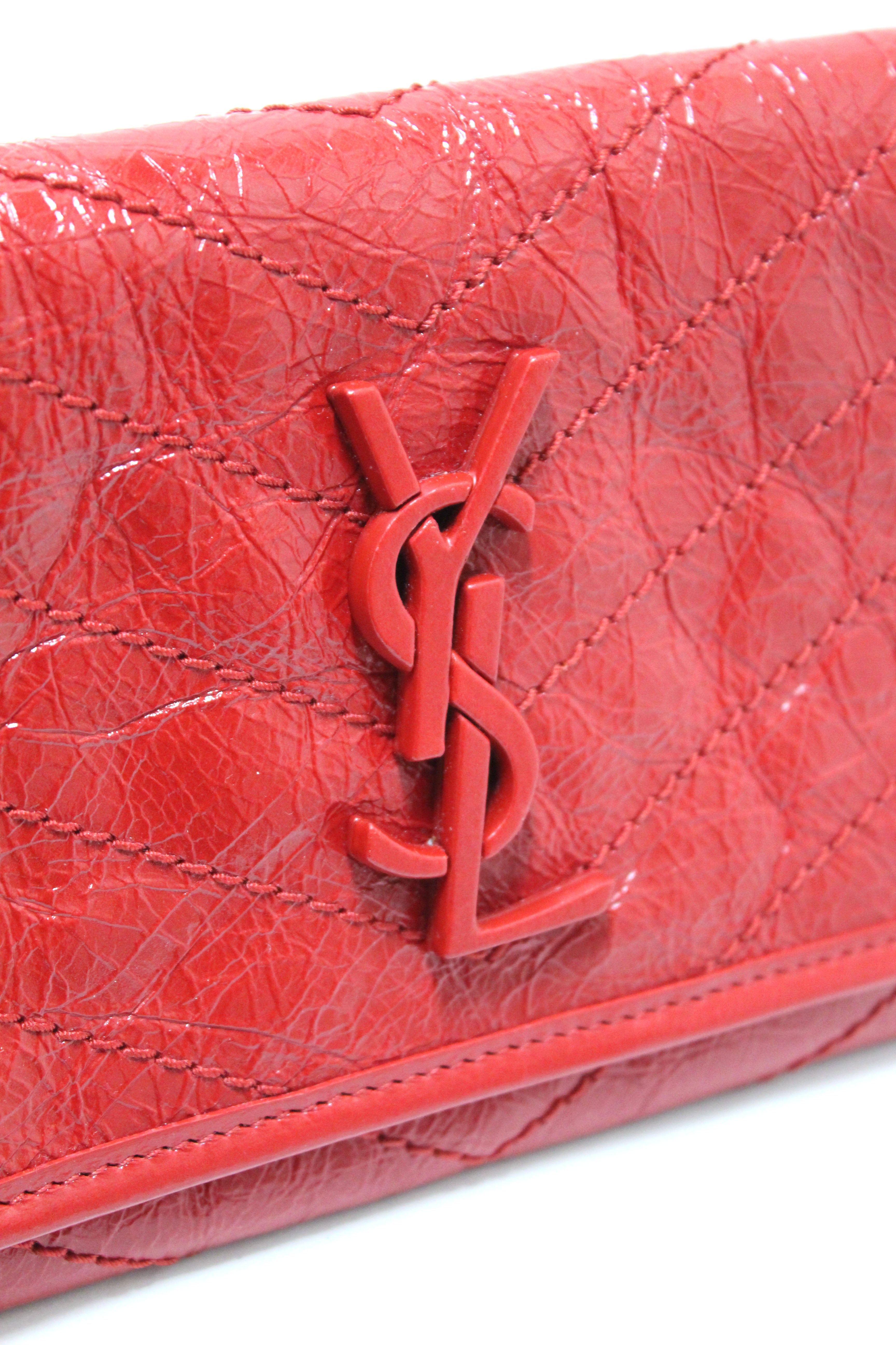 Authentic Saint Laurent Red Crinkled Calfskin Matelasse Niki Long Wallet